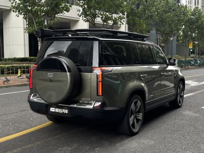Rear view of SUV with spare wheel cover and roof rack