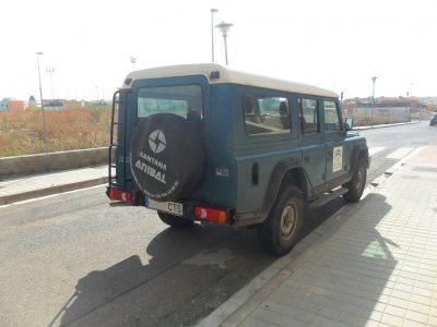 Rear view of an off-road SUV with mounted spare tire and boxy body.