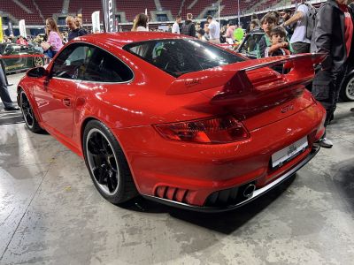 Rear view of Porsche 911 GT2 with prominent spoiler and aerodynamic features