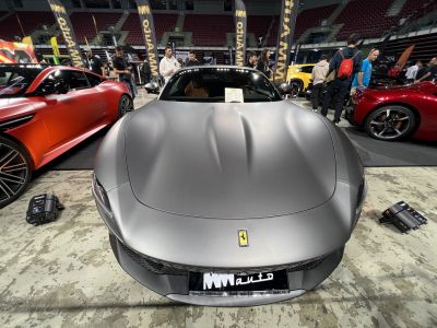 Matte grey sleek hood and front grille sports car