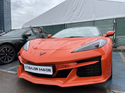 Close-up of 2020 Corvette C8 front with sharp headlights and air vents