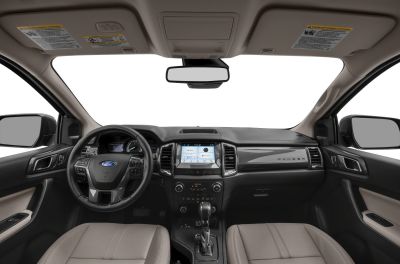 Modern truck interior with touchscreen and leather seats