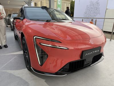 Futuristic front fascia with angular LED headlights and sleek bumper design