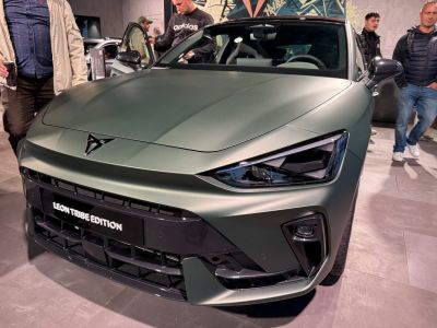 Matte finish front with sharp headlights and aggressive grille