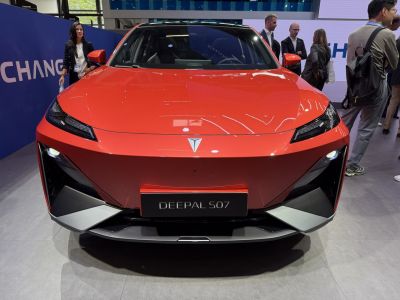 Front view showing LED headlights and aerodynamic bumper styling