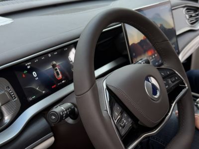 Digital dashboard and multifunction steering wheel in modern vehicle interior.