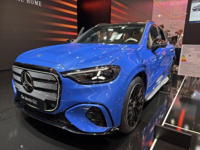 Electric SUV with distinctive front grille and sleek LED headlights