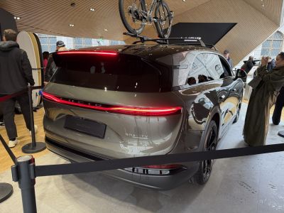 Rear view with continuous LED taillight and rooftop bicycle rack