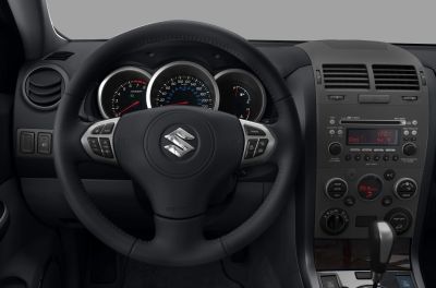 Steering wheel, instrument cluster, and central console with controls.