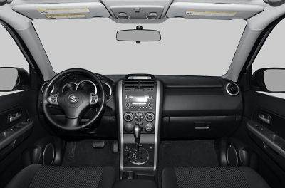 Dashboard and steering wheel interior with center console and automatic gear shift