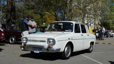 Front view of classic four-door vintage sedan with chrome bumper
