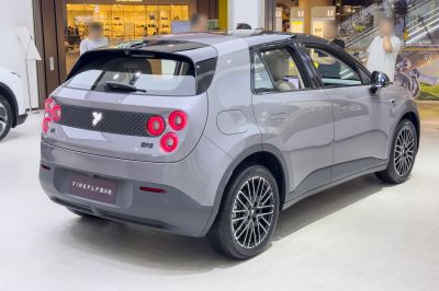 Rear view with circular tail lights and sleek hatchback design