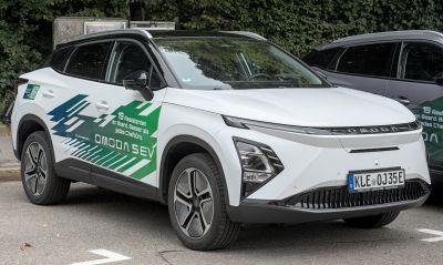 Front view with LED headlights and graphic decals