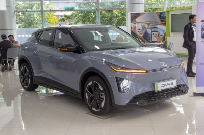Sleek front and side view of electric SUV with LED lights and sporty wheels