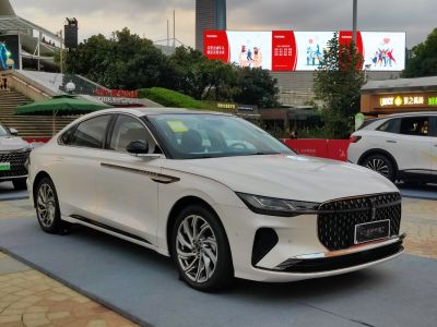 Sleek front grille and slim headlights of a luxury sedan