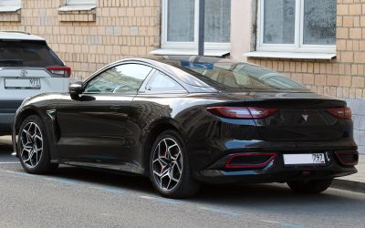 Rear view of sleek coupe with LED taillights and alloy wheels