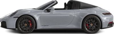 Silver convertible 2024 Porsche 911 Targa side view with black wheels