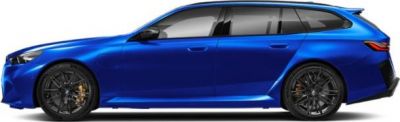 Side profile of blue high-performance touring car with black sport wheels