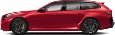 Sleek red station wagon with sporty black wheels, side profile view.