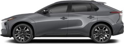 Side profile of a sleek grey electric SUV with sporty wheels.