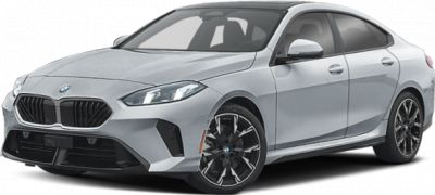 Front-side view of a sporty luxury sedan with distinctive grille and sharp lines