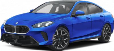 Blue compact luxury sedan with LED headlights and sporty front grille.