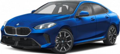 Blue sedan with aerodynamic body and LED headlights