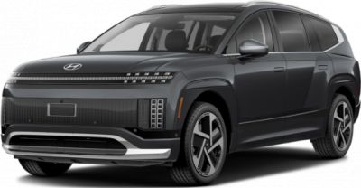 Front and side view of electric SUV with LED lights and aerodynamic shape