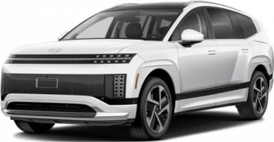 Front view of futuristic electric SUV with LED matrix headlights and aerodynamic design