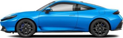 Side profile of sleek blue coupe with black alloy wheels
