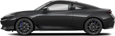 Black sporty coupe with blue brake calipers and aerodynamic, sleek design