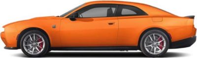 Side profile of 2-door muscle coupe in orange with sporty wheels