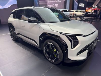 Futuristic front design and angular side panels with LED headlights and modern wheels