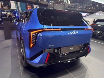 Rear view of blue hatchback with unique angular LED taillights