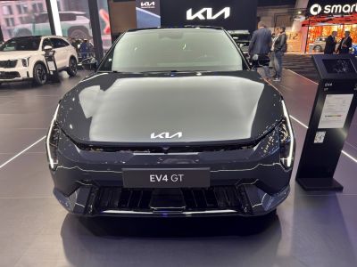 Front view with vertical LED headlights and sleek aerodynamic styling