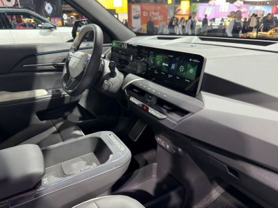 Dual widescreen digital display and modern car dashboard interior