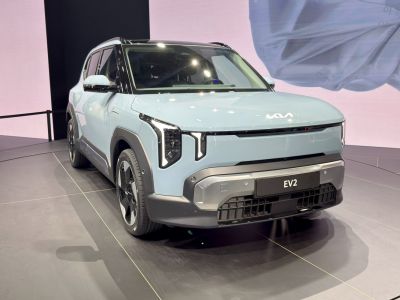 Electric SUV front view with futuristic LED headlights