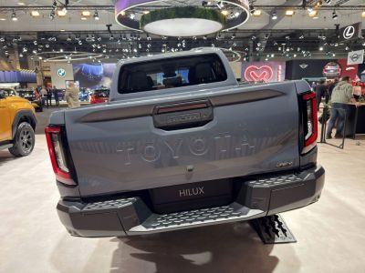 Rear tailgate and LED tail lights of a pickup truck.