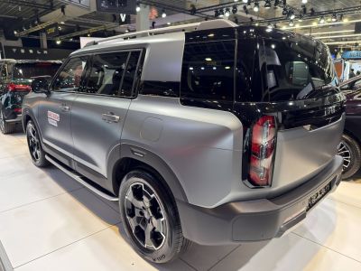 Matte silver compact SUV with black rear, unique tail lights, and alloy wheels.