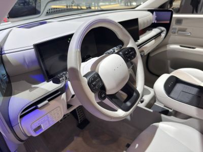 Minimalist steering wheel with dual control buttons and digital dashboard