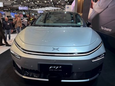 Sleek front design with slim LED headlights and XPENG emblem