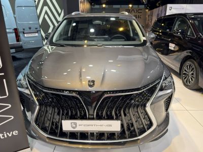 Bold front grille and sleek hood design with badge