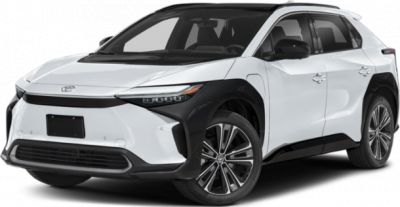 Electric SUV front angle showing modern headlights and aerodynamic design