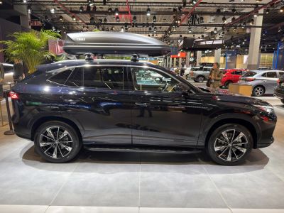 Side profile of a 2025 SUV with alloy wheels and Thule roof box