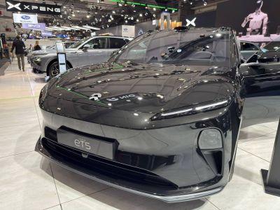 Sleek electric sedan front fascia with LED headlights
