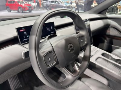 Modern steering wheel with integrated controls and dual digital dashboard screens.