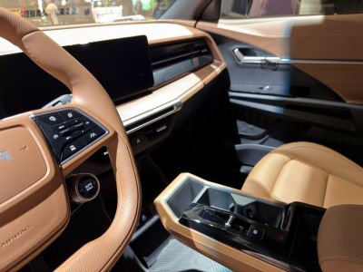 Leather steering wheel with controls and modern central console with touchscreen