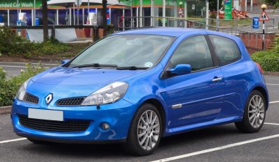Front side view of a blue 3-door compact hatchback