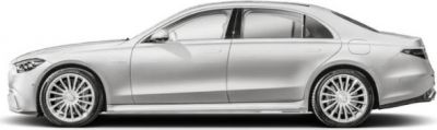 Side profile of a luxury sedan with multi-spoke wheels and sleek design