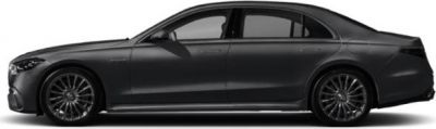 Sleek side profile of a luxury sedan with smooth lines and dark finish